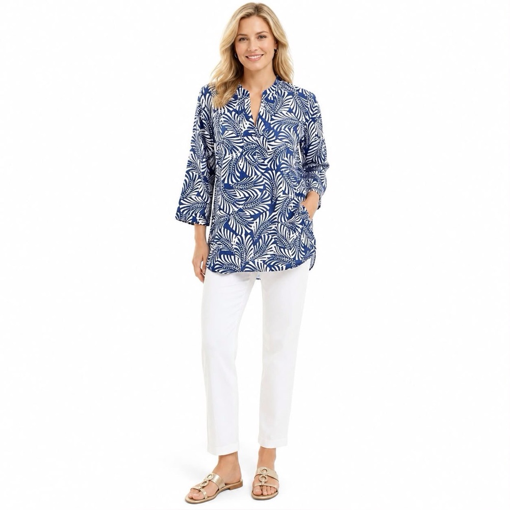 Talbots Lightweight Blue And White Tunic Top 100% Cotton Size XS